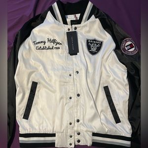 Large white, silver and black Tommy Hilfiger official NFL Raiders Jacket